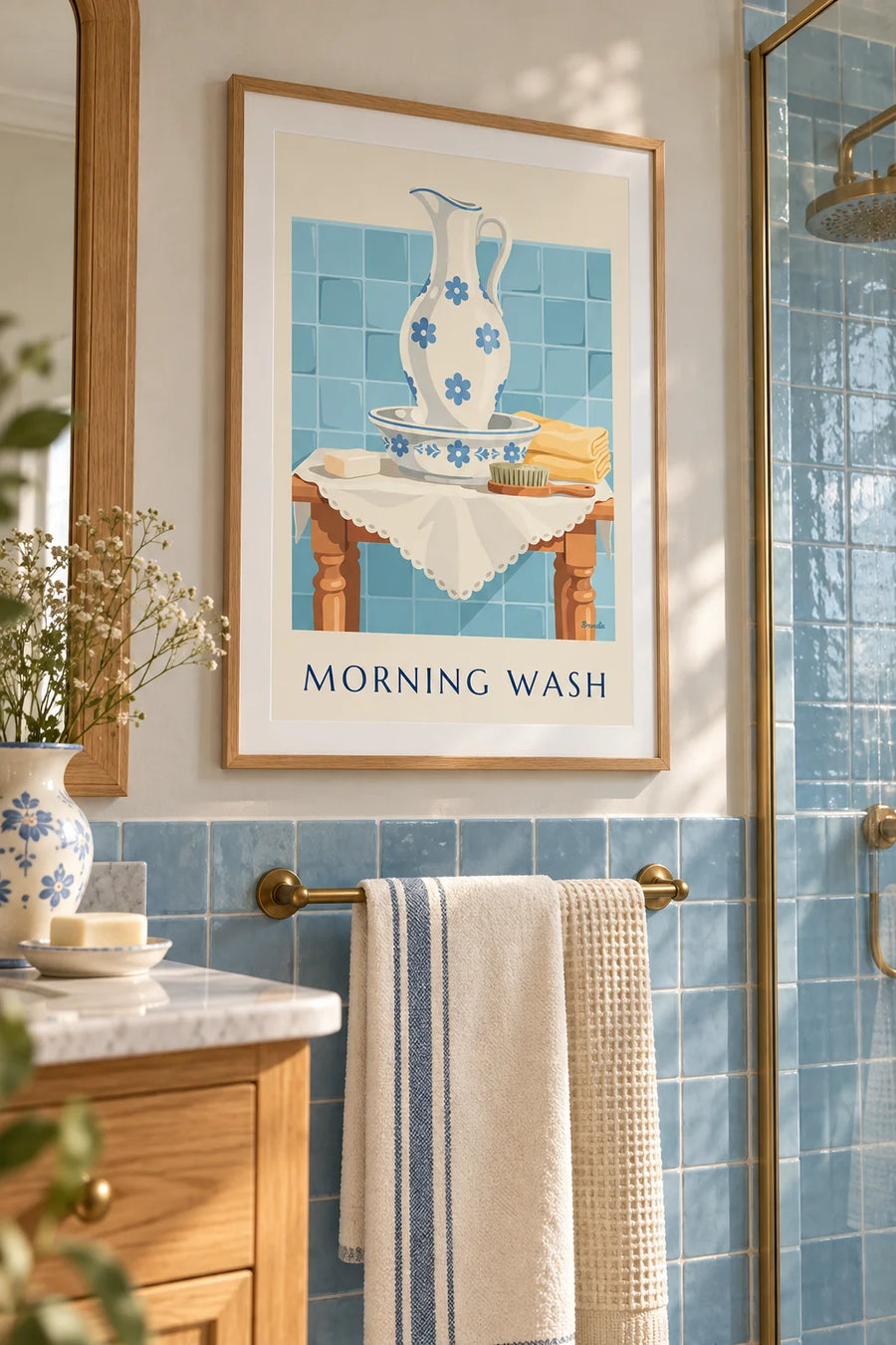 Poster mit Keramikkrug und Waschschüssel auf dem Waschtisch: gerahmt an der Wand