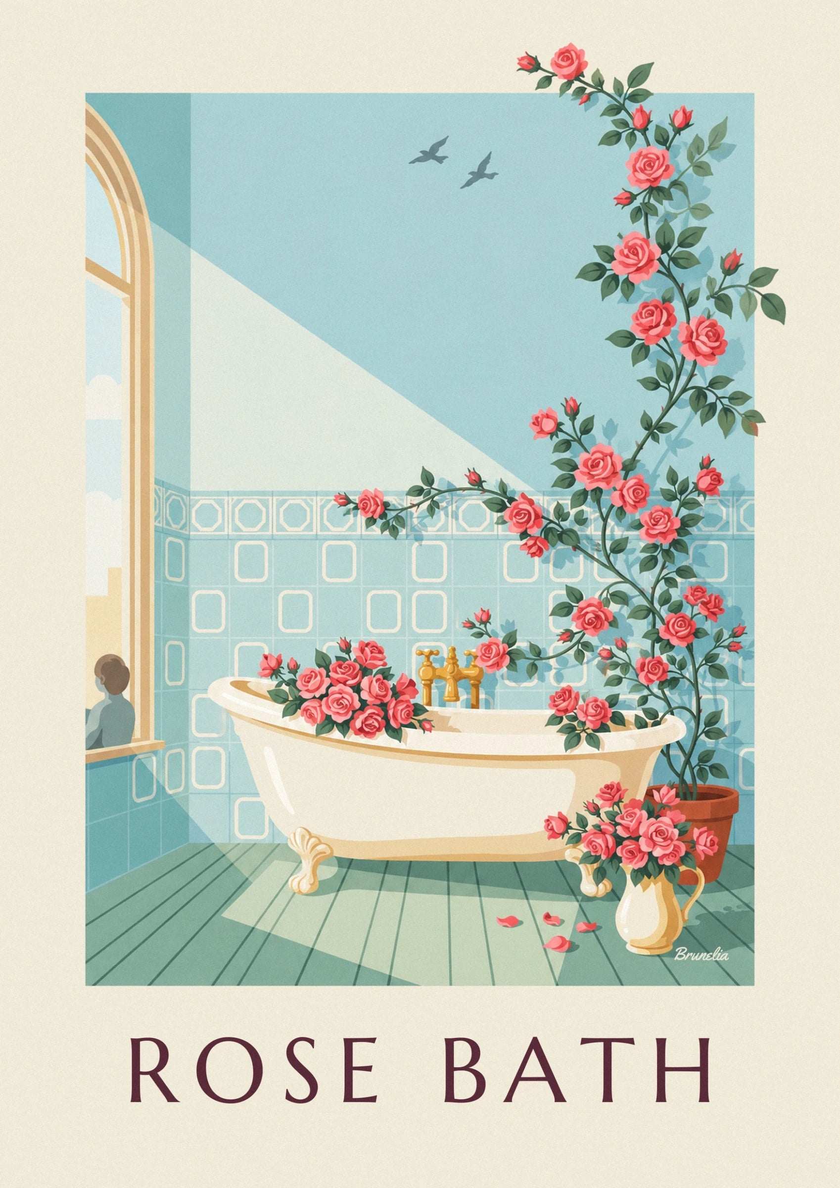 La baignoire crème sur pieds dorés, entourée de roses sur un parquet vert
