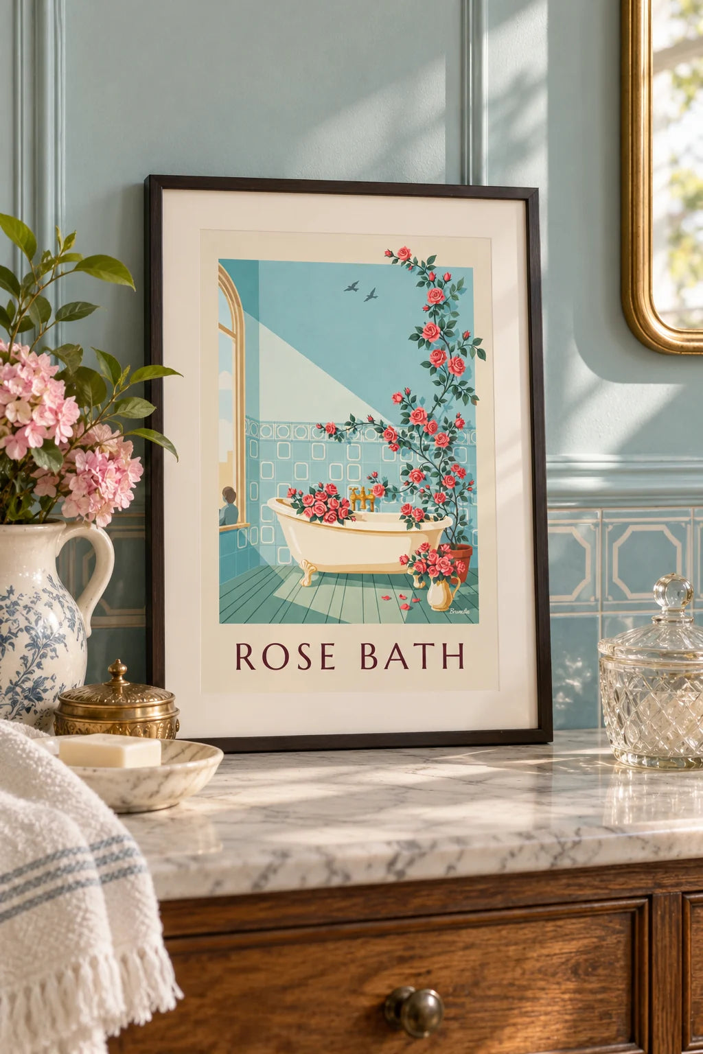 Salle de bain : mise en situation de Affiche baignoire sur pieds et bouquets de roses