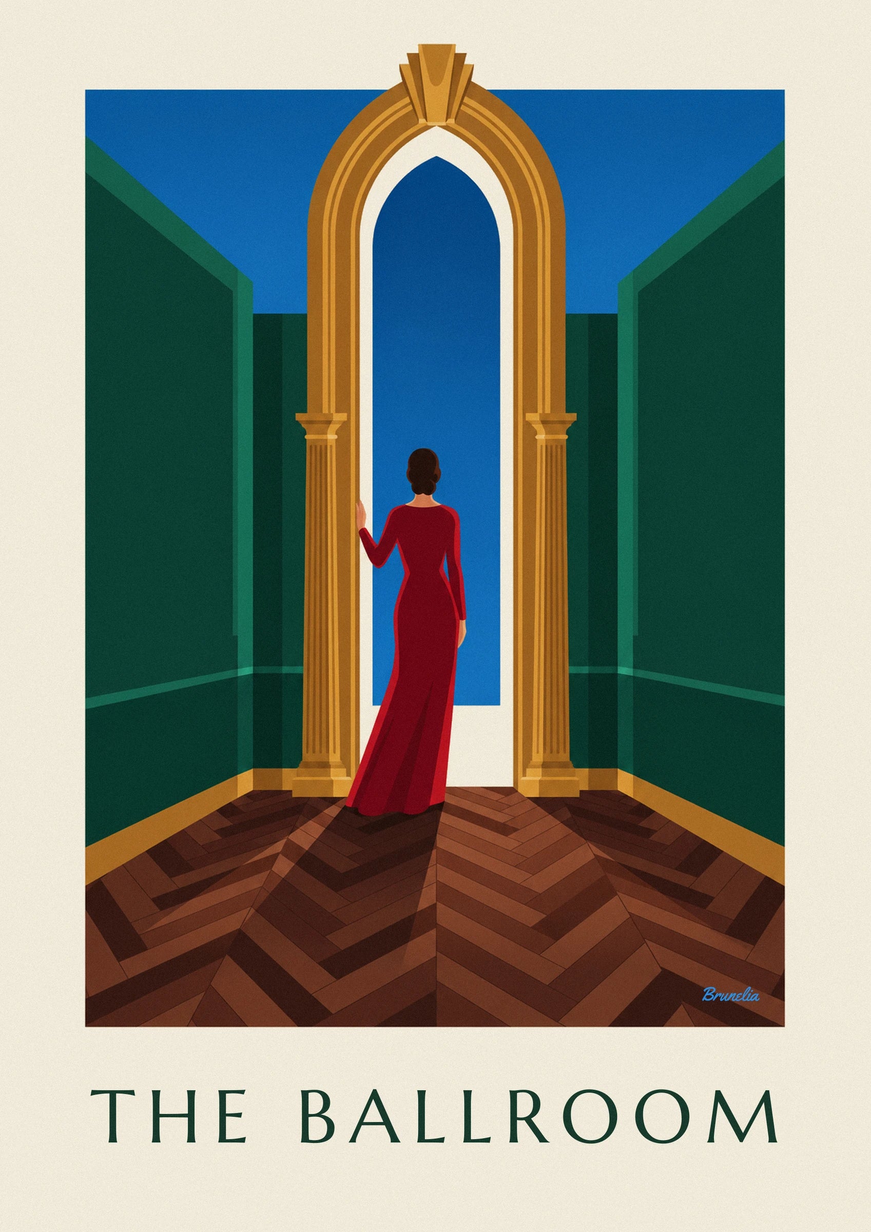 La femme de dos en robe longue rouge, la main posée sur une colonne dorée