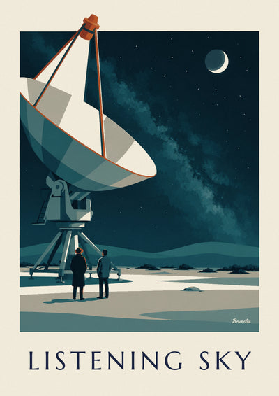 Poster Radioteleskop, auf einen Sternenhimmel in der Wüste gerichtet: das ganze Poster