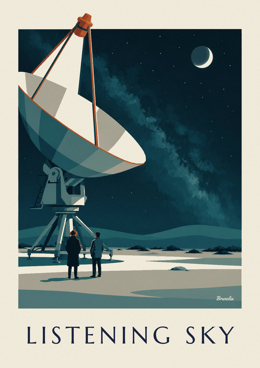 Poster radiotelescopio puntato verso un cielo stellato nel deserto