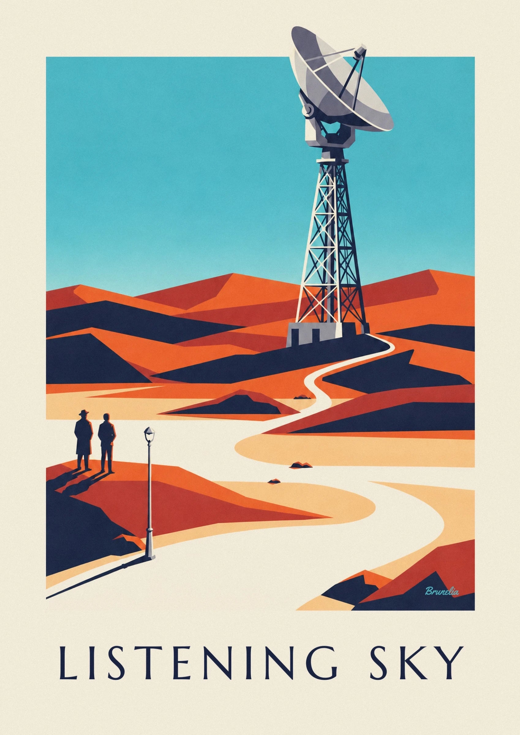 The large grey radio telescope dish on its metal tower, against a turquoise background