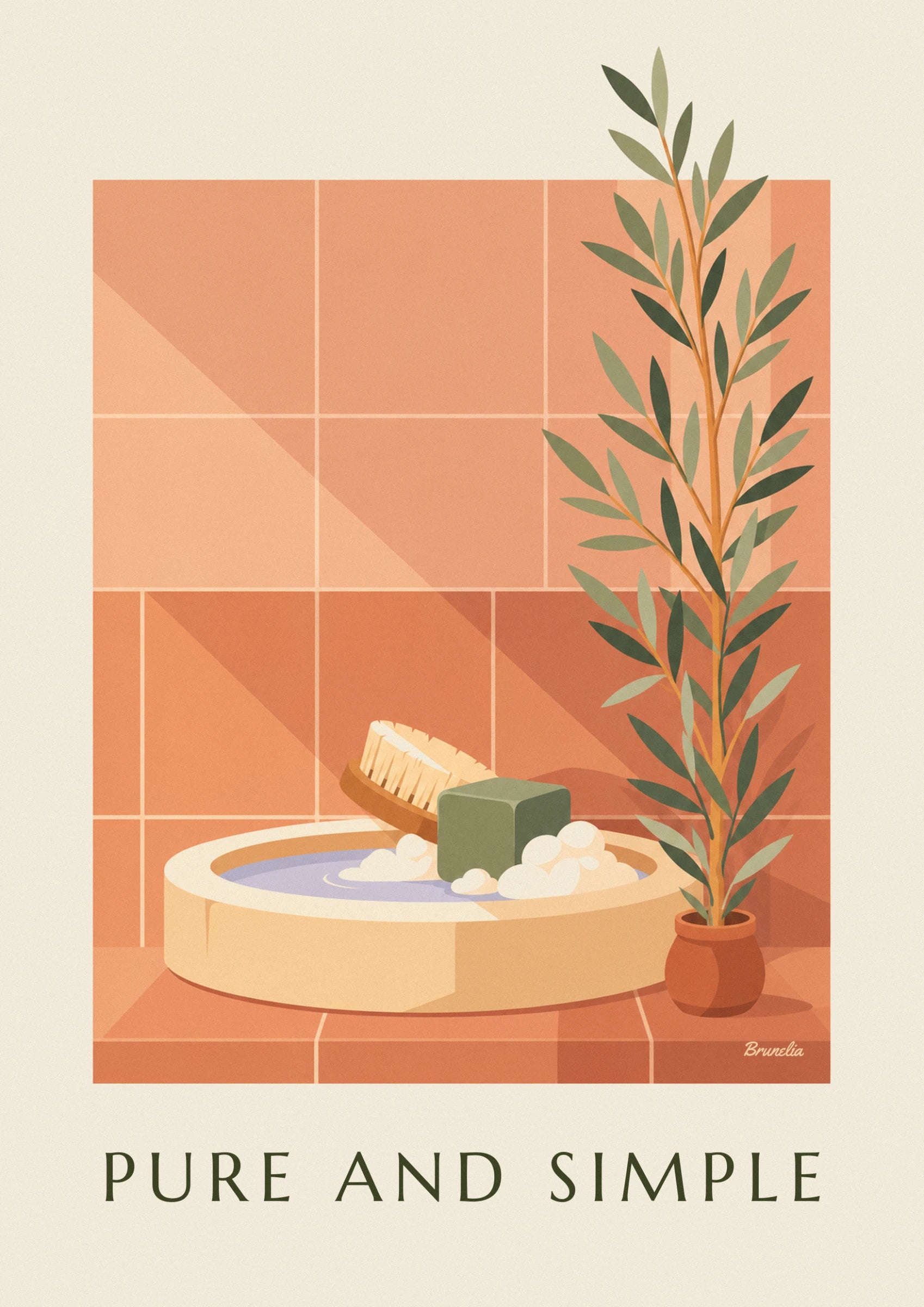 The green cube of soap and wooden brush in a basin of water covered in foam