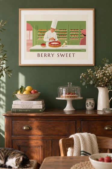 Affiche pâtissier et grande tarte aux fraises : encadrée au mur