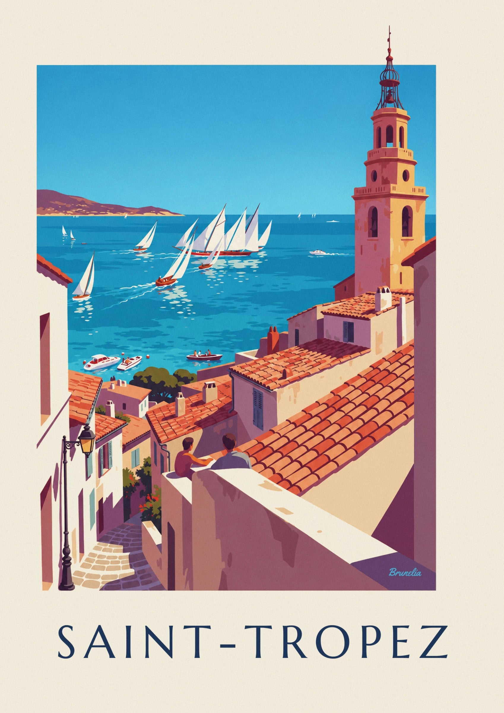 White sailing boats racing on turquoise water at the foot of the coast