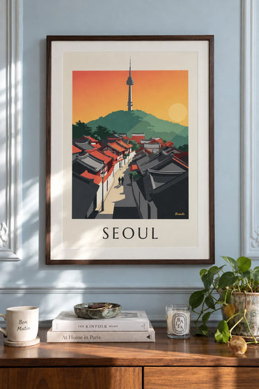 Affiche toits traditionnels du quartier Bukchon à Séoul : encadrée au mur