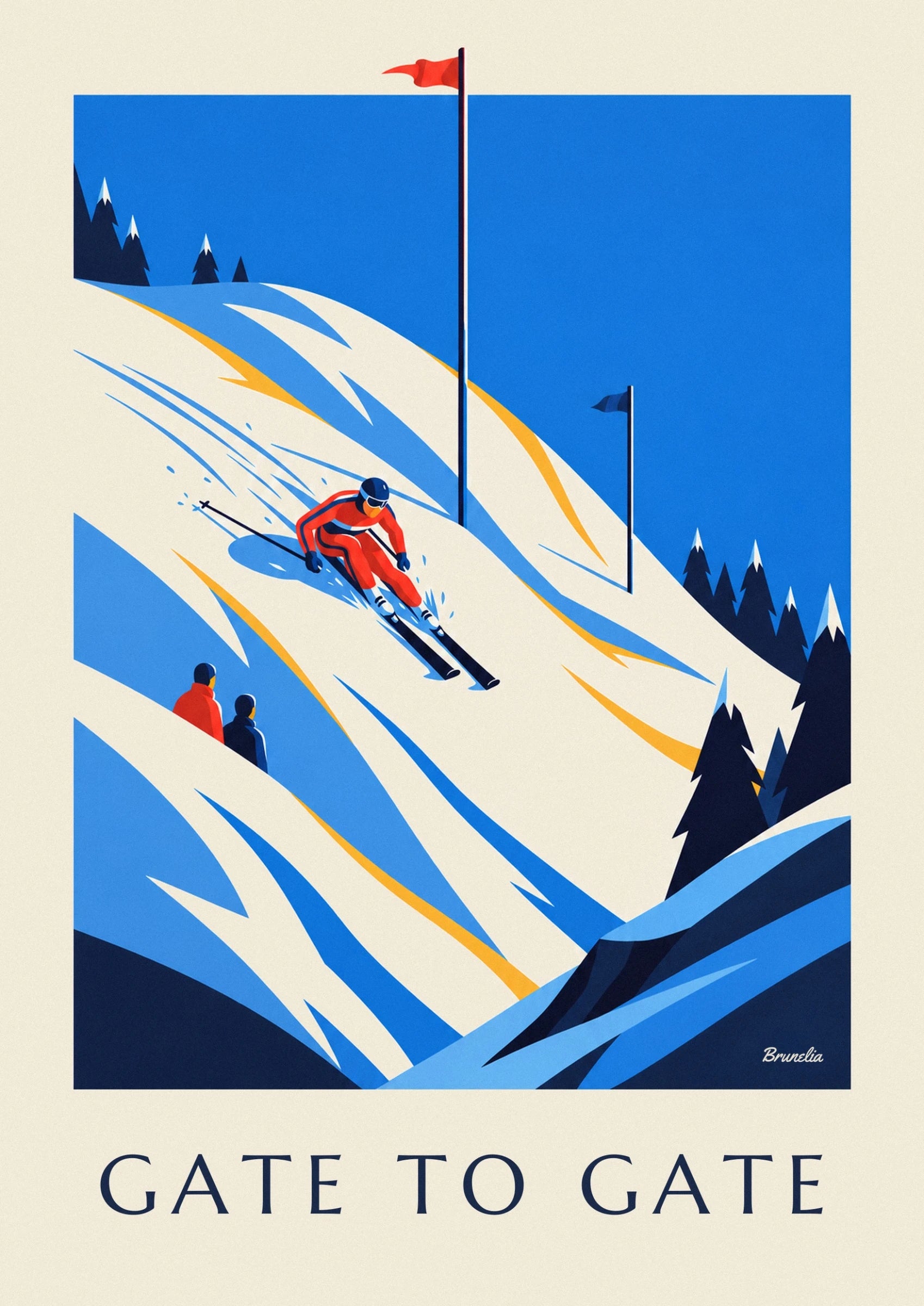 Le skieur en combinaison rouge et casque bleu, les skis parallèles sur la neige