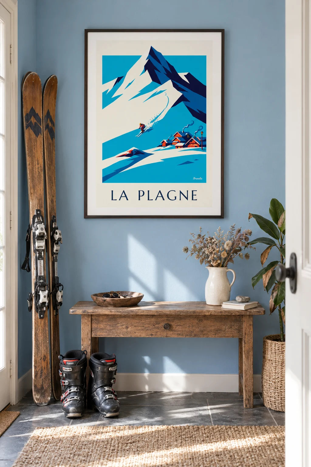 Mise en situation de Affiche skieur dans la descente à La Plagne face à Bellecôte