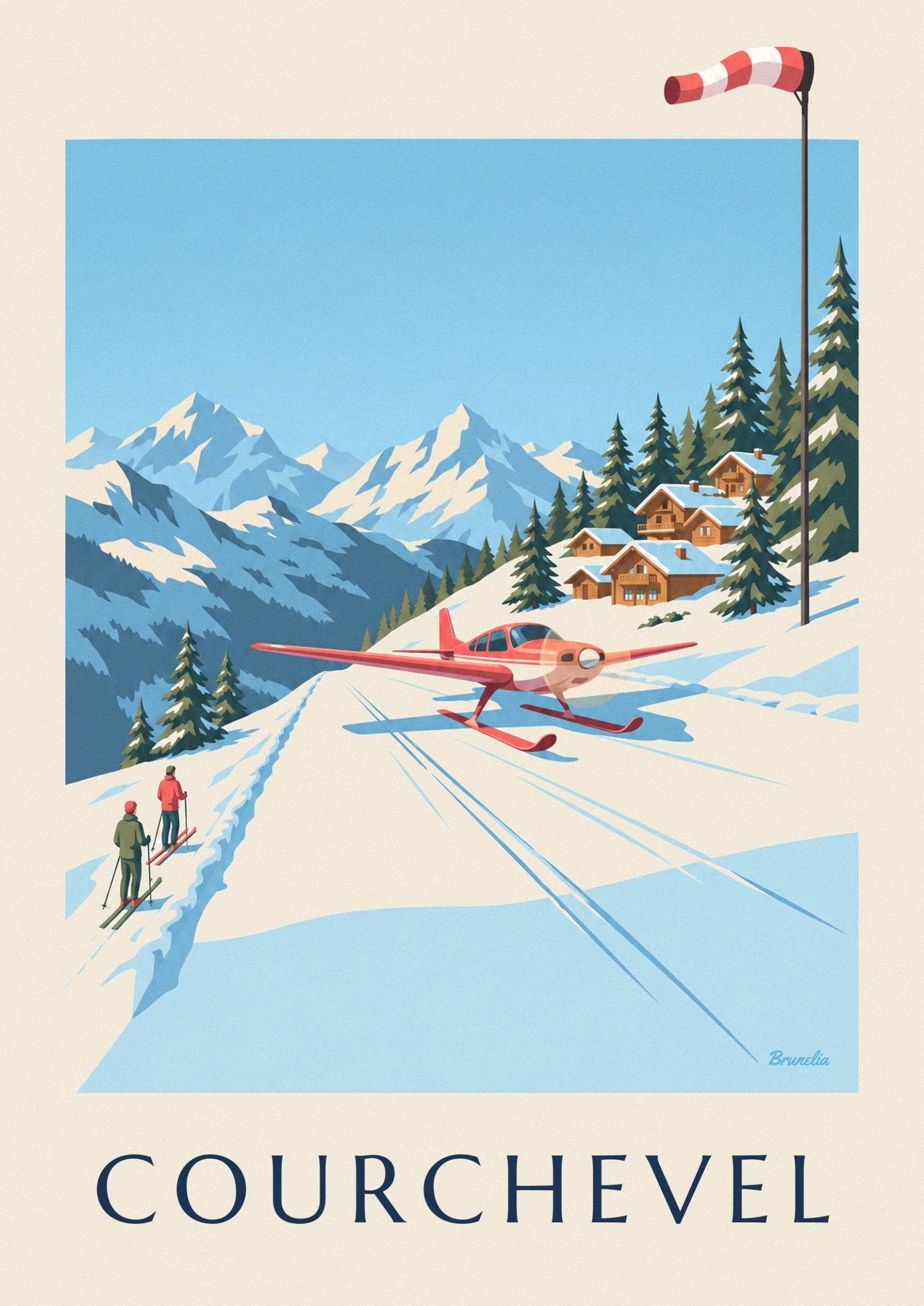 Das kleine rote Flugzeug auf Skiern, im Schnee vor den Holzchalets