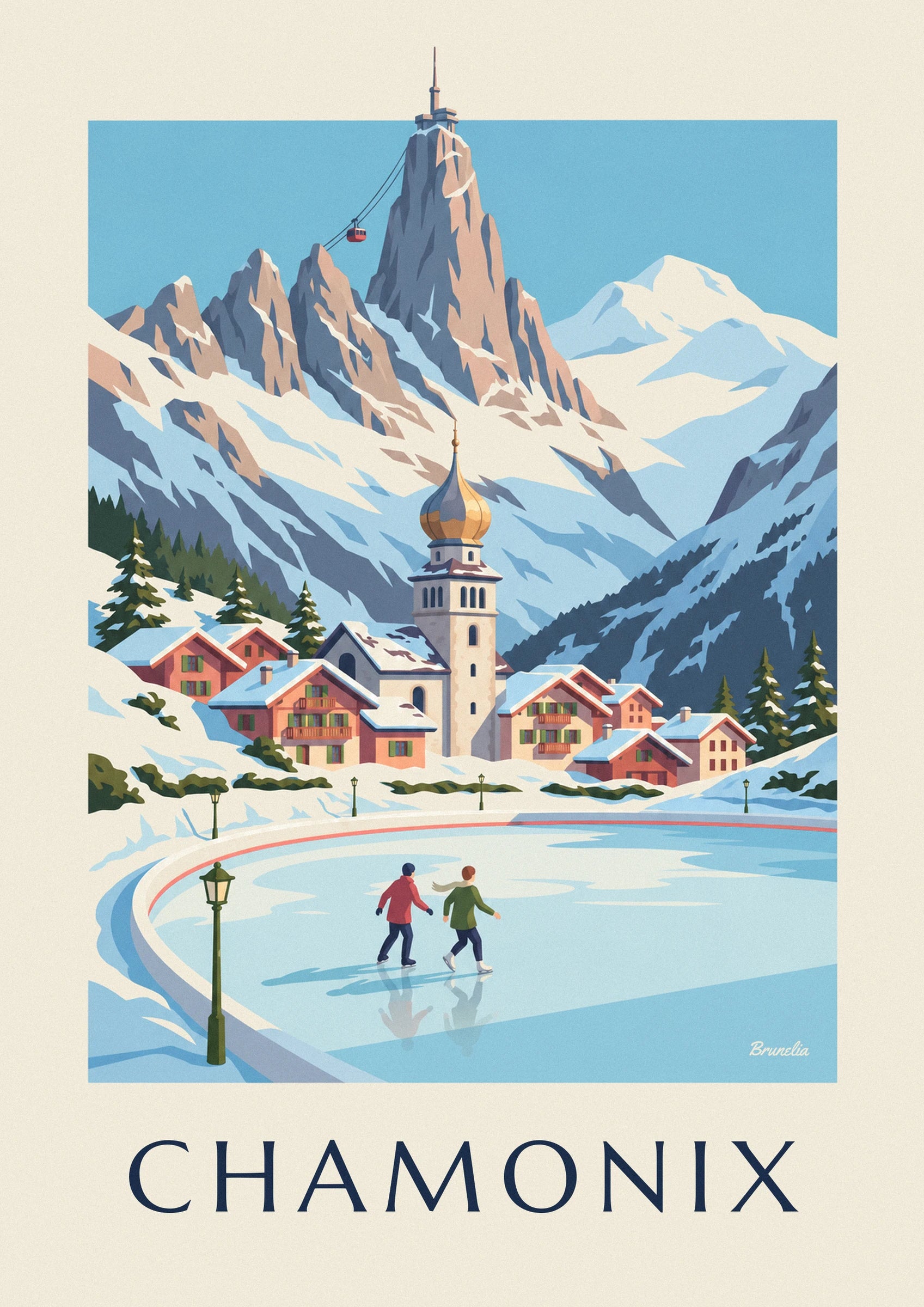 Poster pattinatori sulla pista di ghiaccio di Chamonix e l'Aiguille du Midi: dettaglio in primo piano
