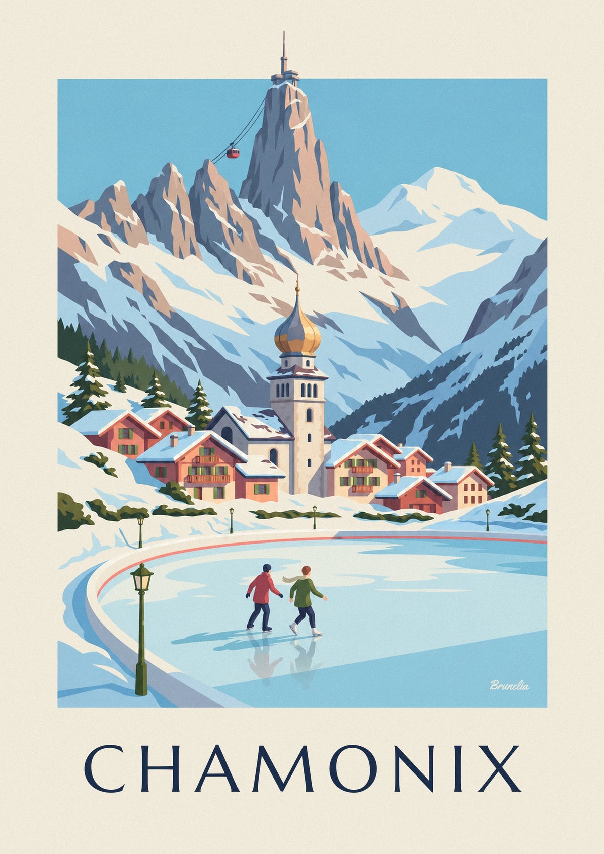 Poster pattinatori sulla pista di ghiaccio di Chamonix e l'Aiguille du Midi