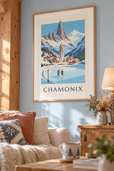 Affiche patineurs sur la patinoire de Chamonix et l'Aiguille du Midi : encadrée au mur