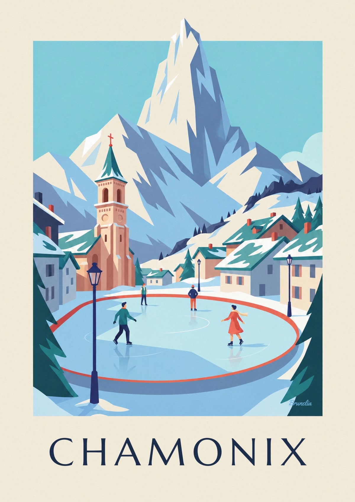 Affiche patineurs sur la patinoire de Chamonix et l'Aiguille du Midi