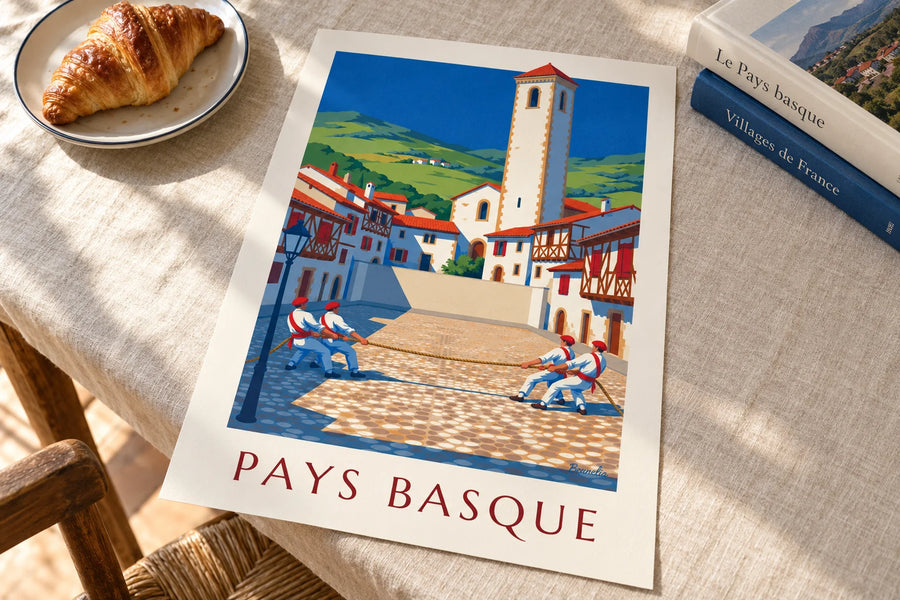 Affiche tir à la corde sur une place du Pays basque : posée sur une table