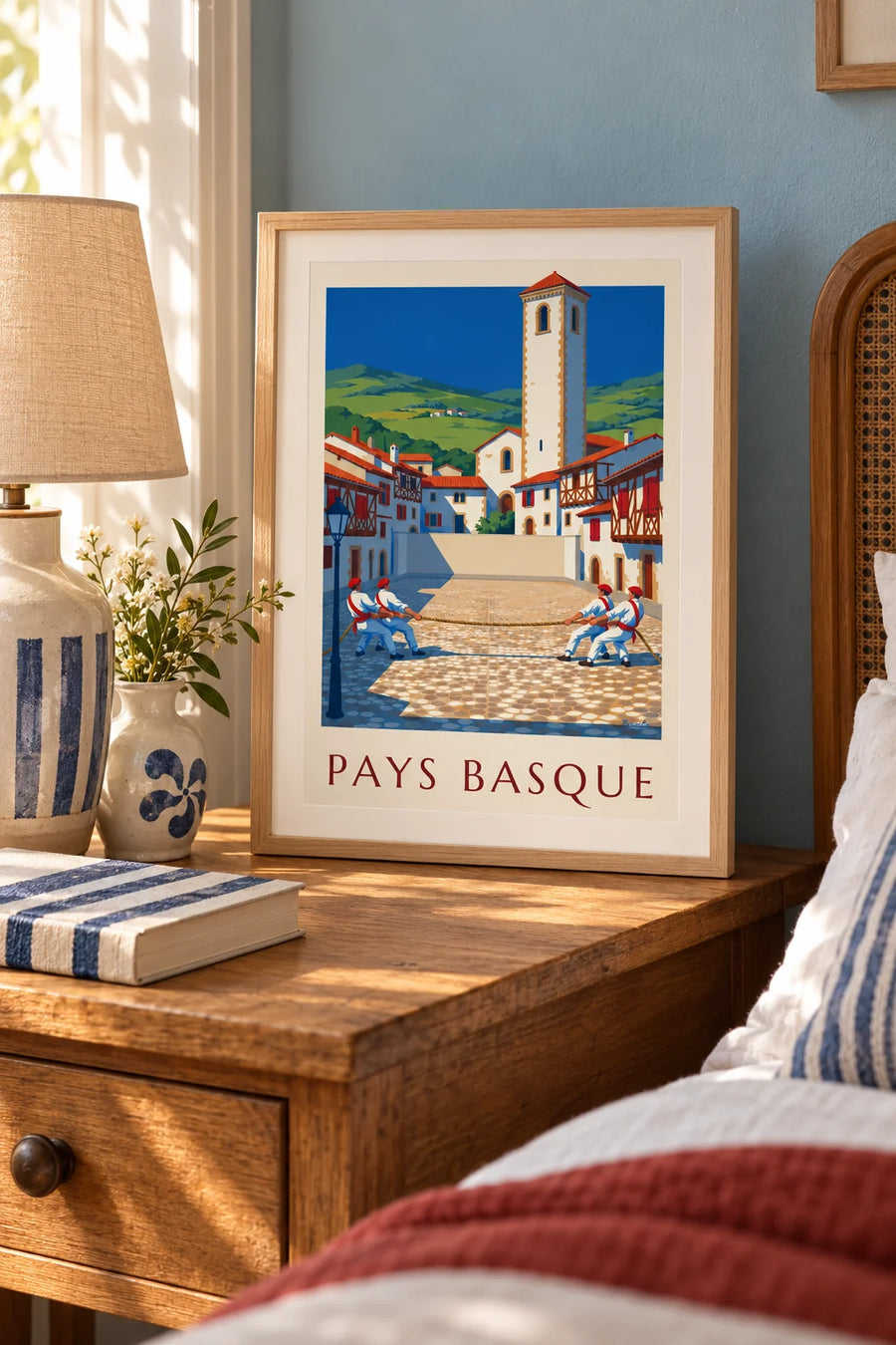 Affiche tir à la corde sur une place du Pays basque : petit format A4 encadré