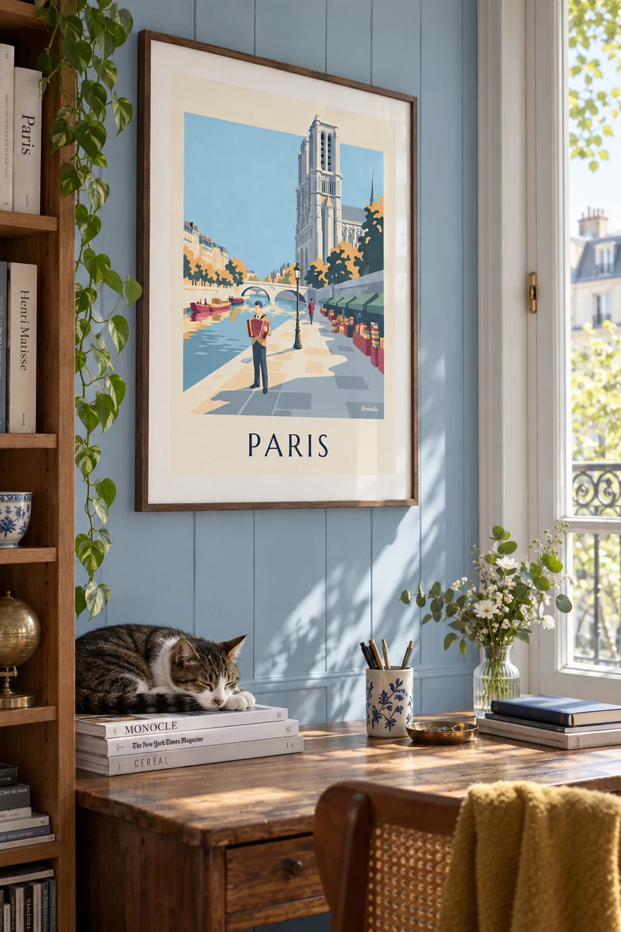 Affiche accordéoniste sur un quai de Seine à Paris : encadrée au mur