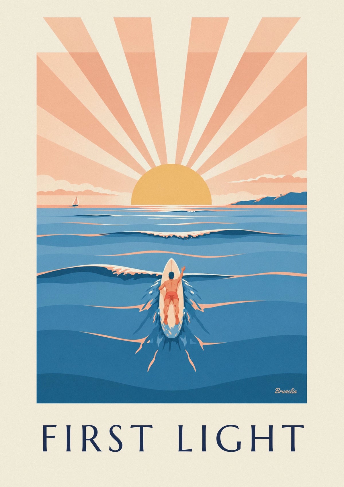 Affiche surfeur ramant vers le large au lever du jour