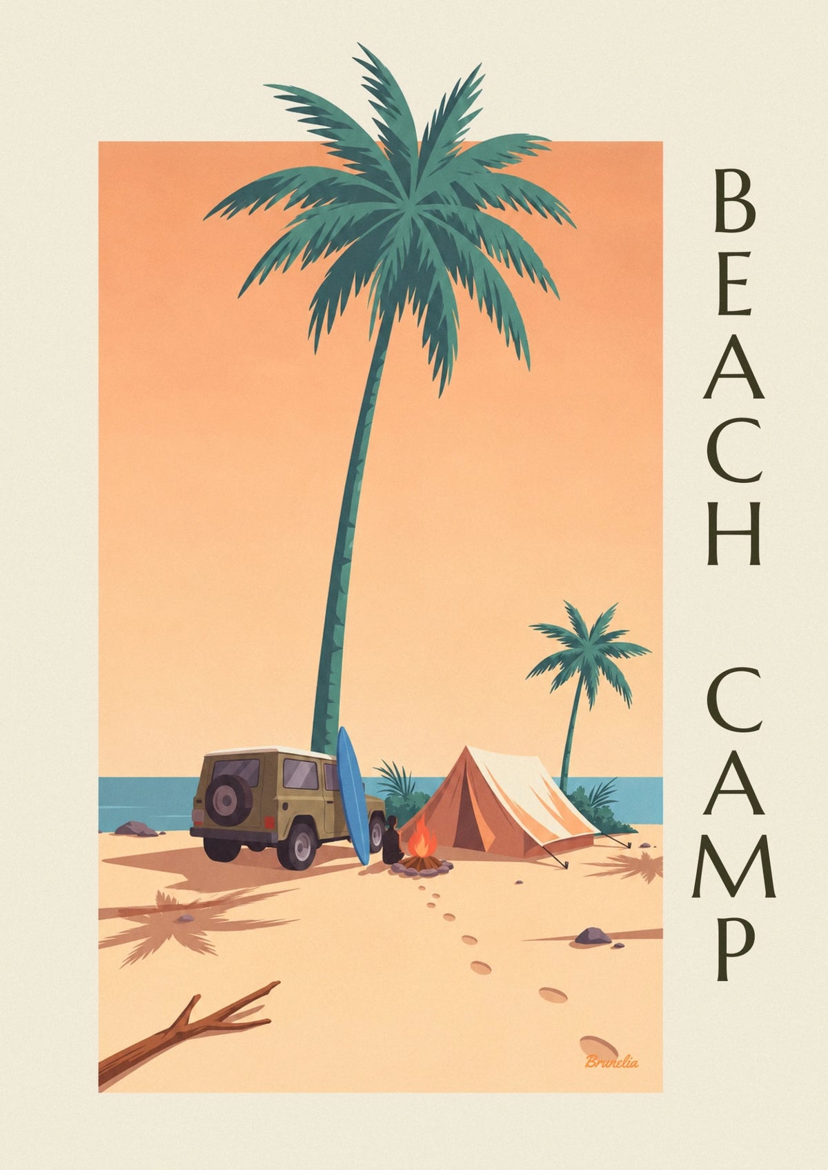 Beach camp with 4x4, tent and surfboard poster