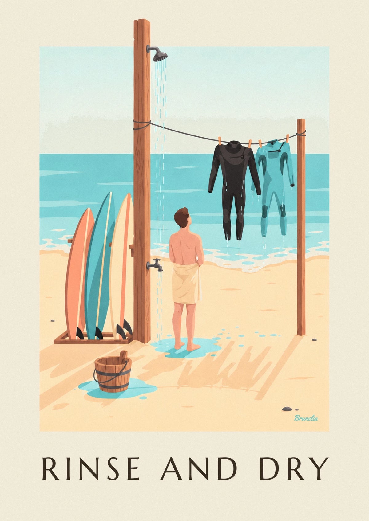Affiche douche de plage et combinaisons de surf qui sèchent