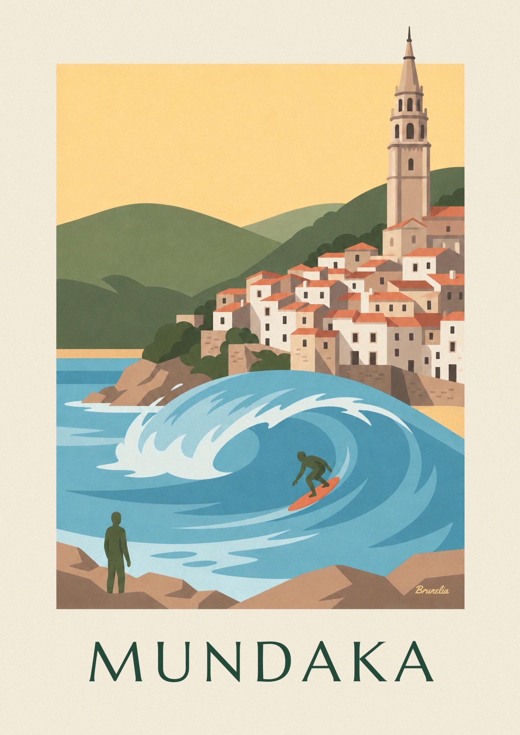 Der Surfer auf einem orangefarbenen Board im Inneren einer Welle mit blauen Rundungen