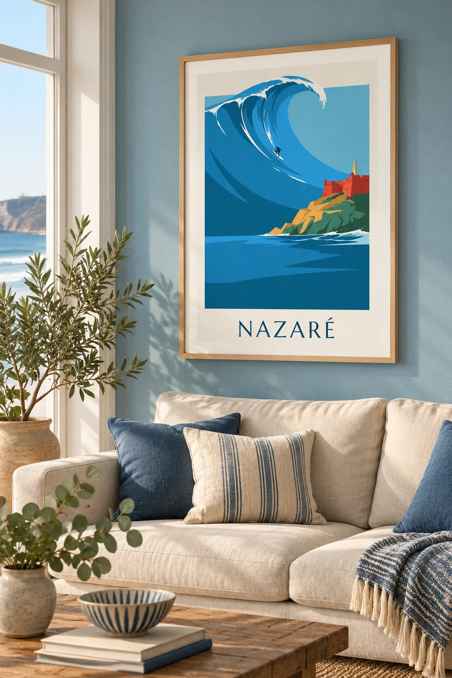Poster surfista sull'onda gigante di Nazaré in Portogallo: incorniciato alla parete