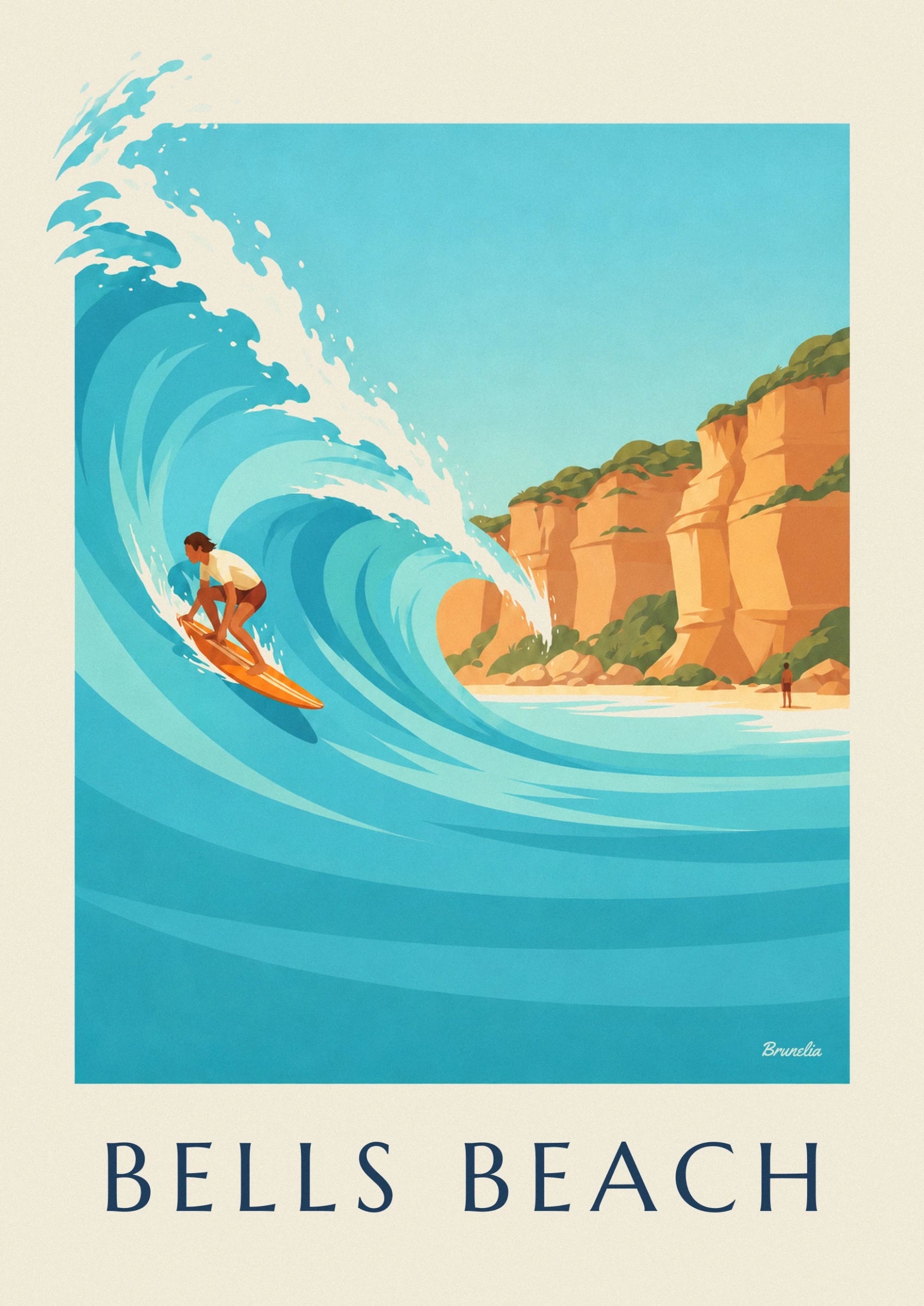 The surfer in brown shorts on an orange board in the hollow of the turquoise wave
