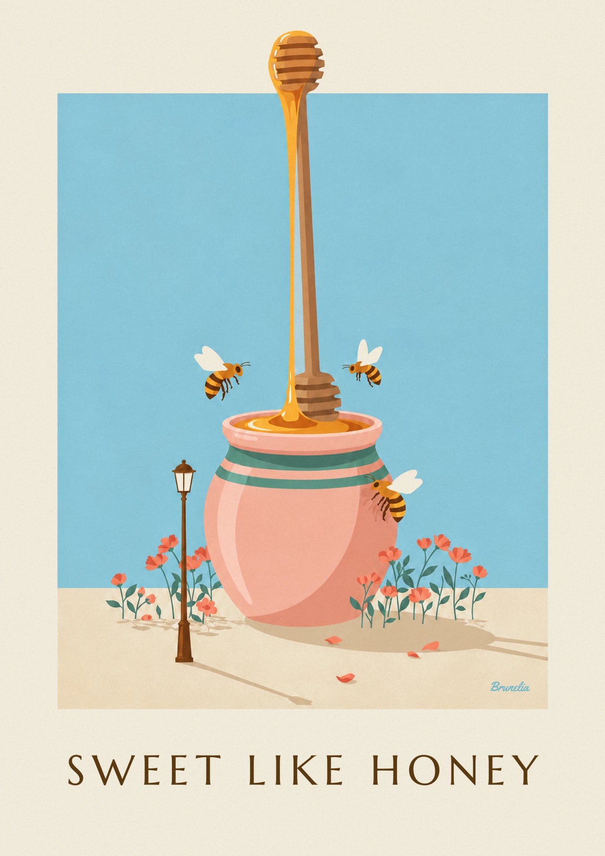 Golden honey jar, wooden dipper and bees poster