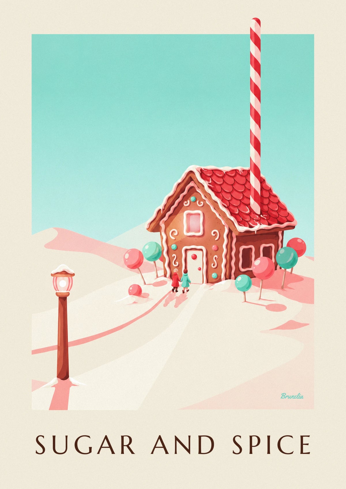 Affiche maison en pain d'épices et bonbons dans la neige