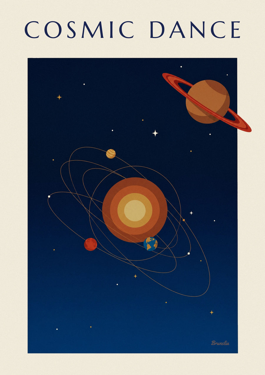 Poster Saturno e pianeti in orbita attorno al Sole su sfondo blu notte