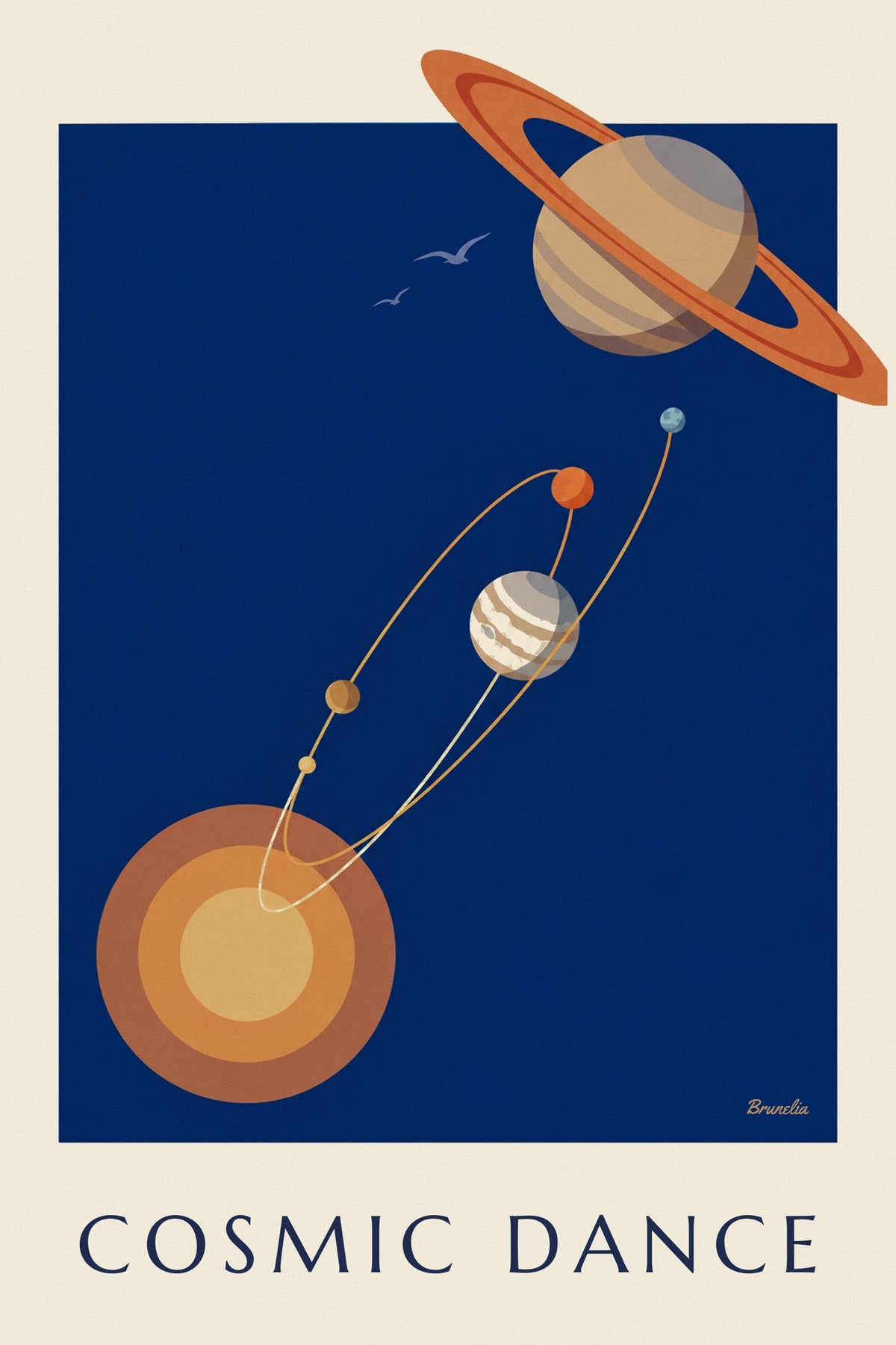 Affiche Saturne et planètes en orbite autour du Soleil sur fond bleu nuit