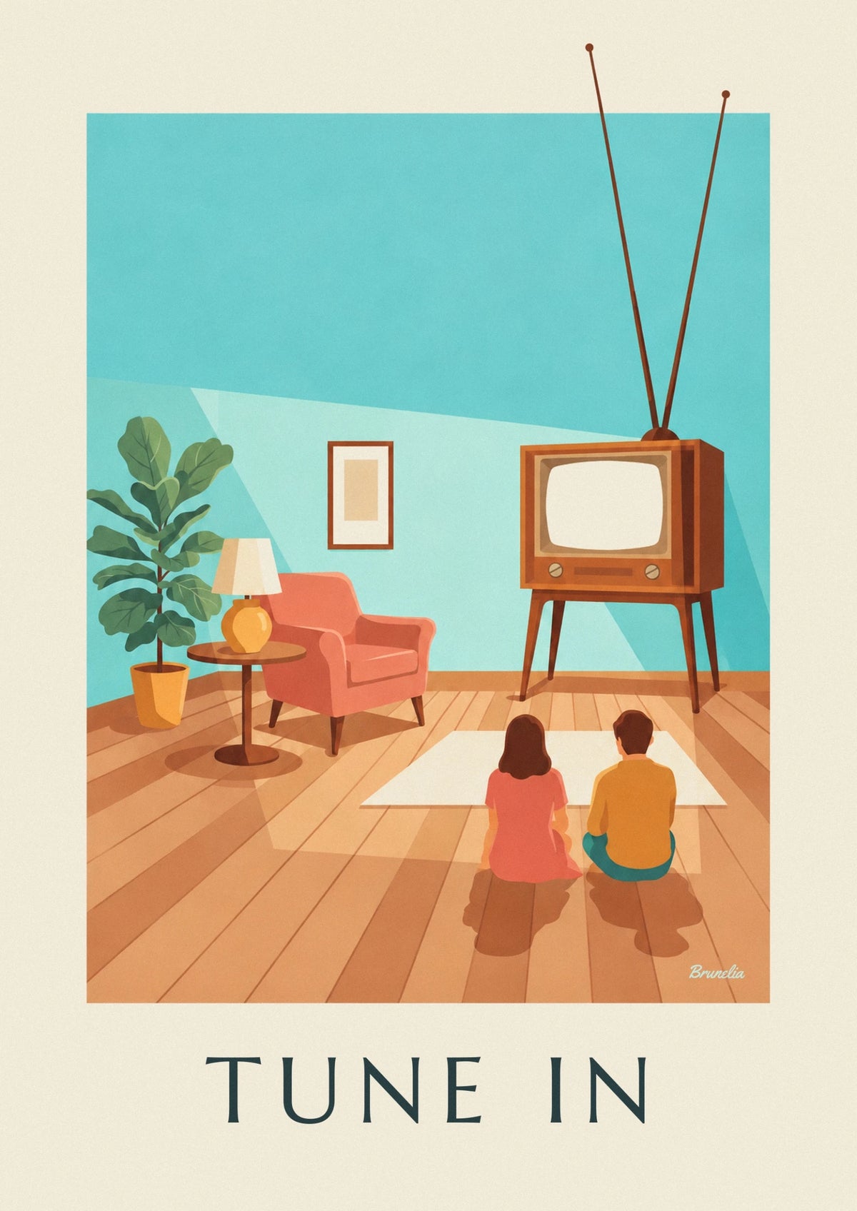 Wooden TV with antenna and rotary knobs poster
