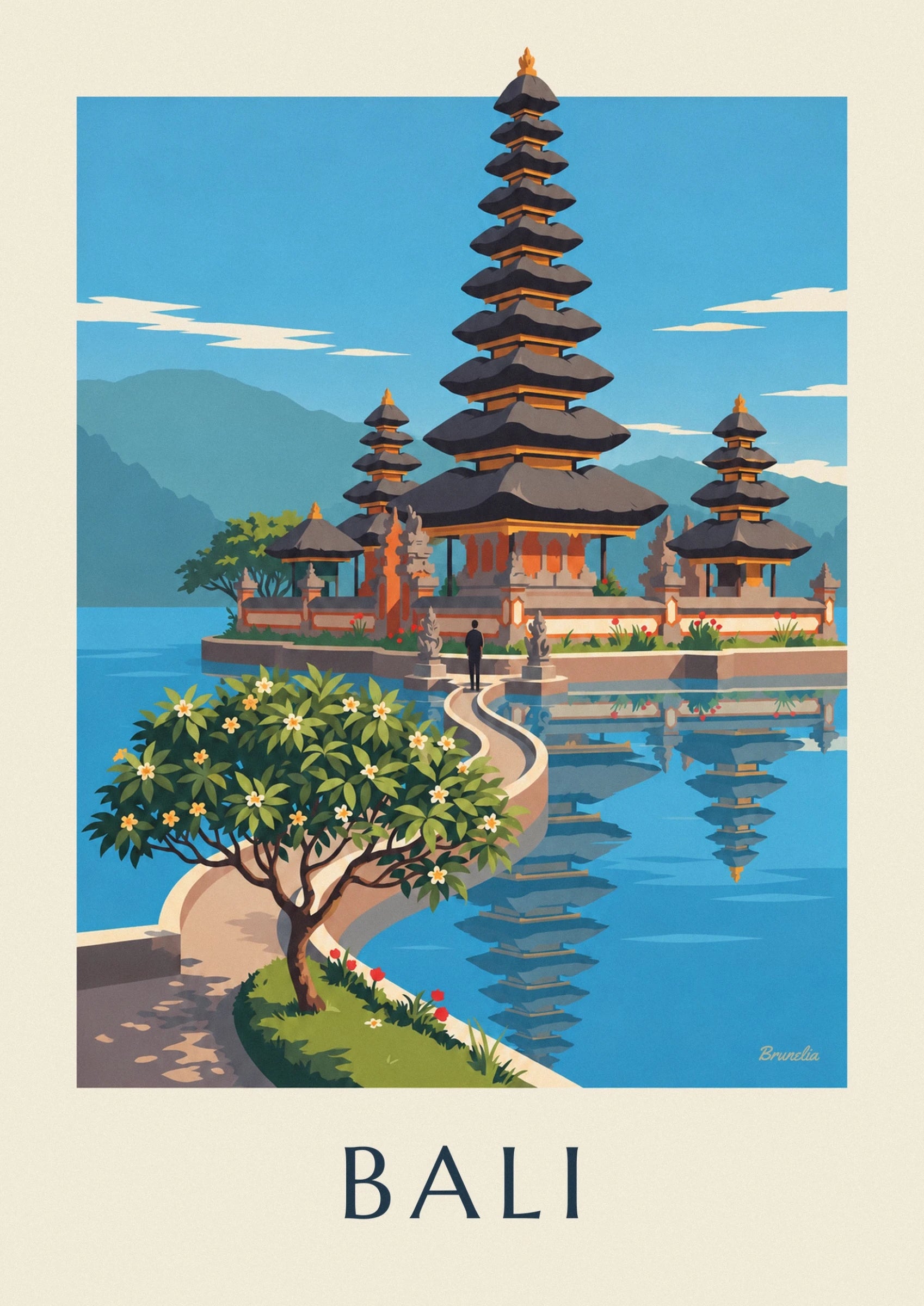 The tall Balinese temple tower and its tiered dark roofs against the blue sky