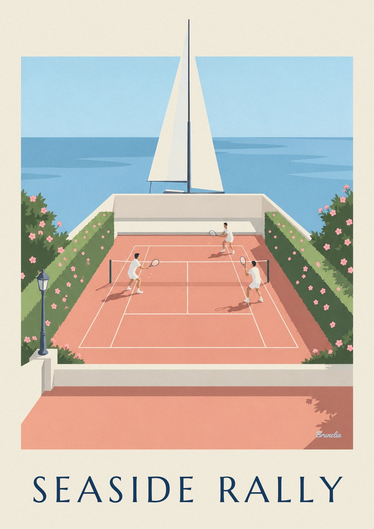 Affiche court de tennis en terre battue en terrasse sur la mer