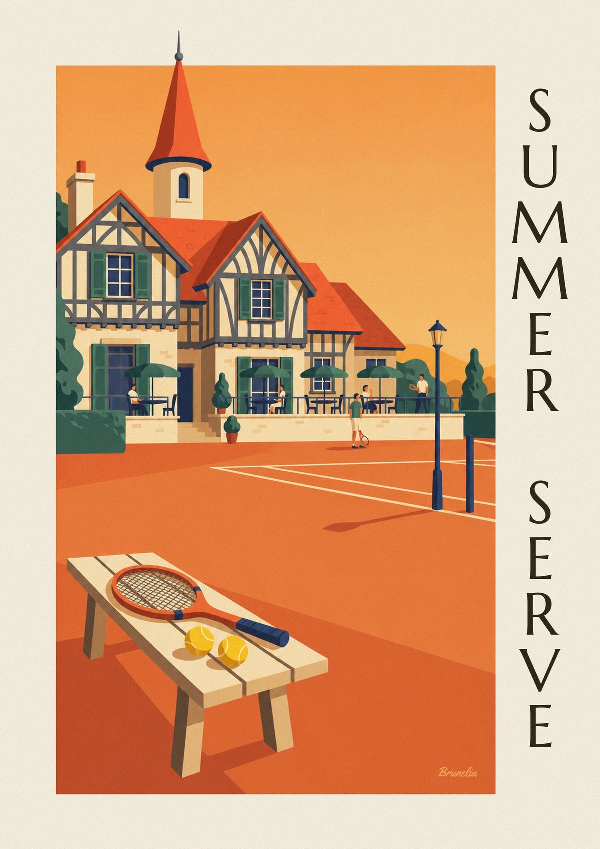 Half-timbered tennis clubhouse and clay court poster