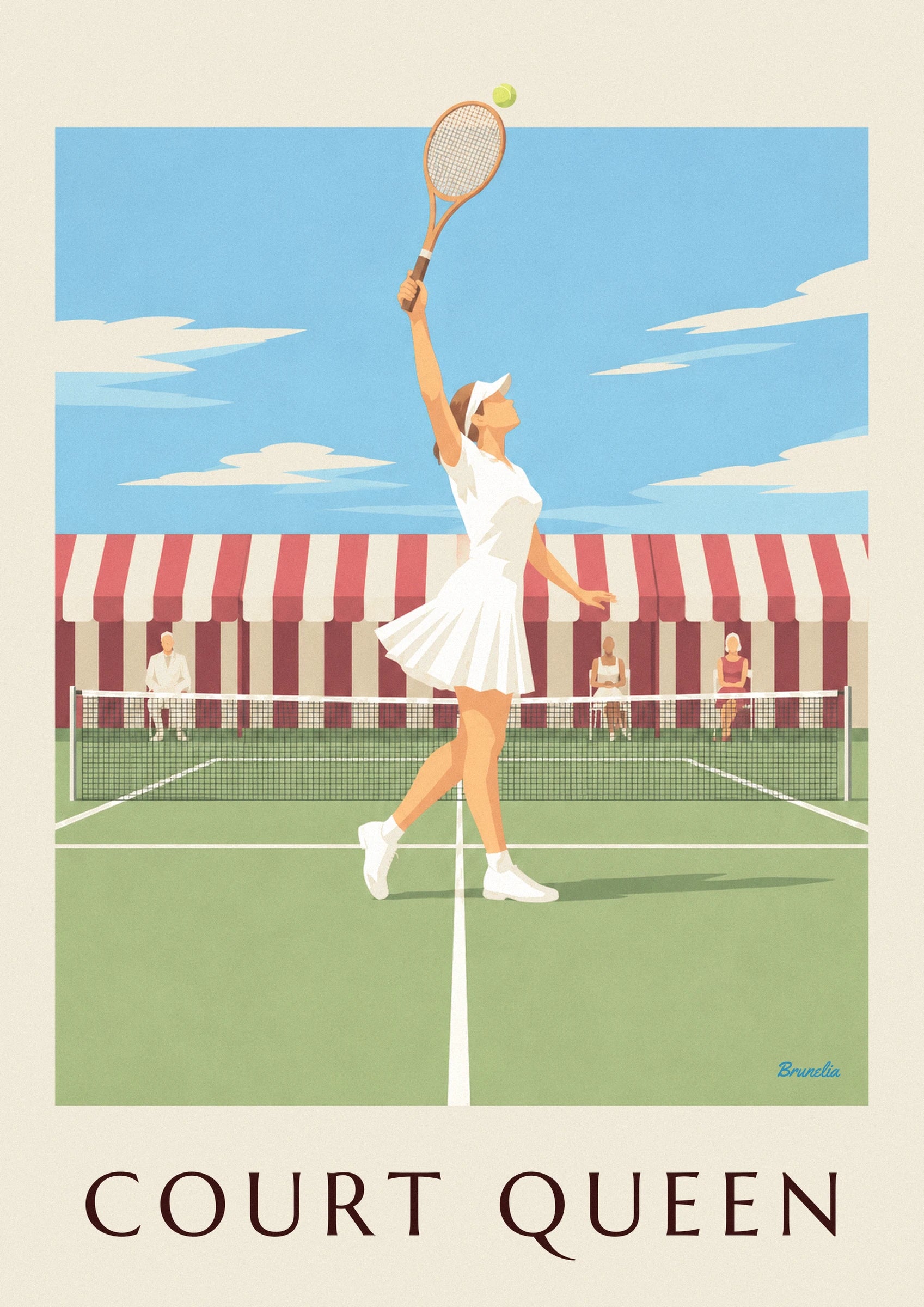 Poster Tennisspielerin im Faltenrock und mit Visor auf Rasen: Detail in Nahaufnahme