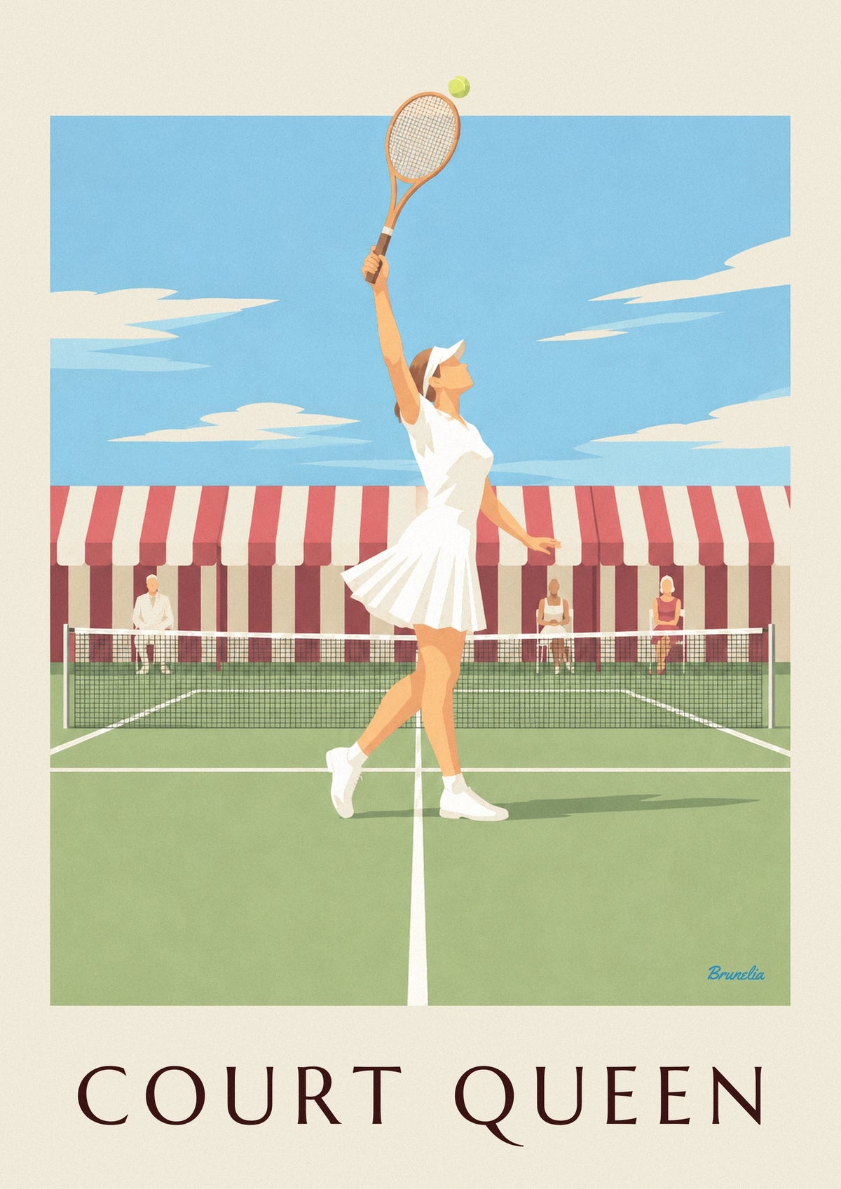 Poster tennista con gonna a pieghe e visiera sull'erba