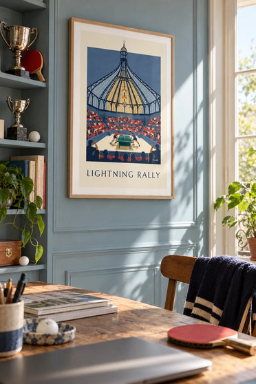Poster partita di ping pong sotto una vetrata illuminata: incorniciato alla parete