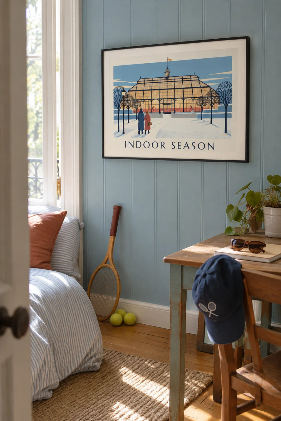 Indoor tennis court under a glass roof in winter poster: framed on the wall