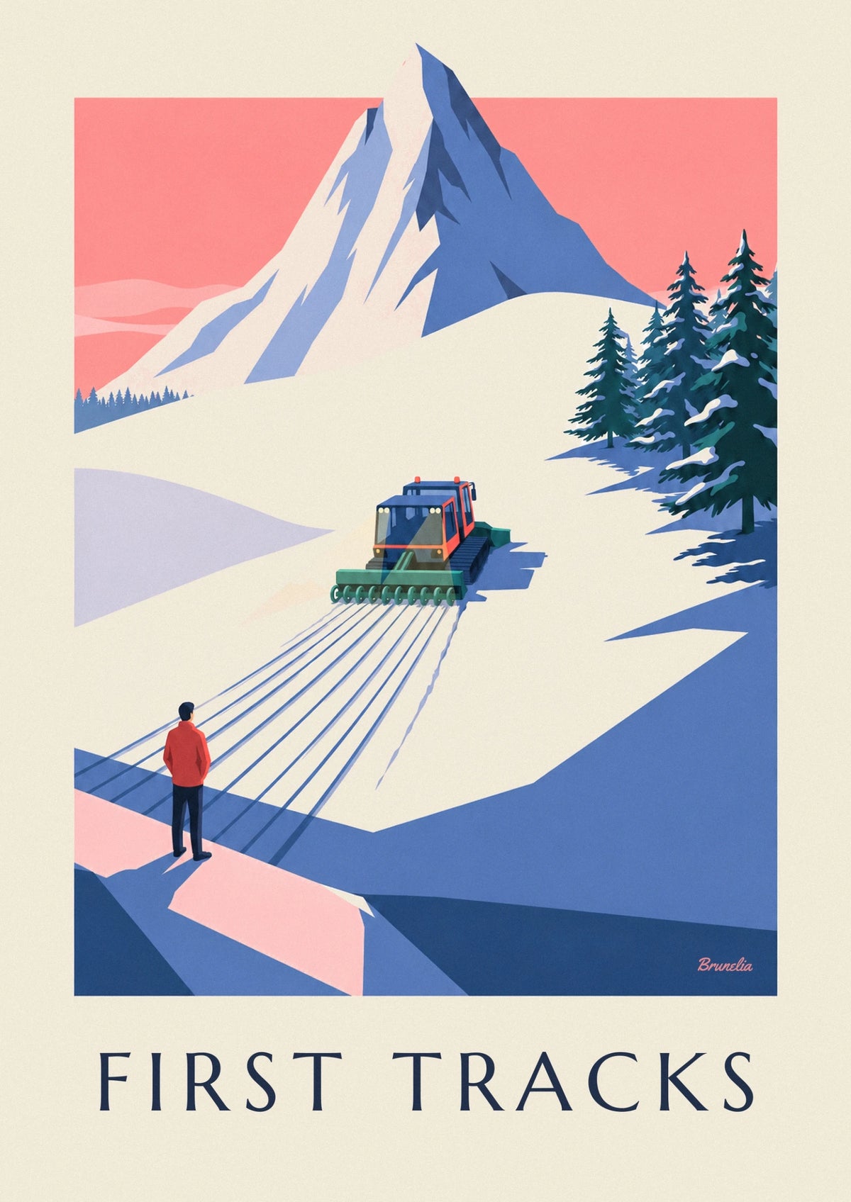Affiche dameuse sur une piste de ski au petit matin