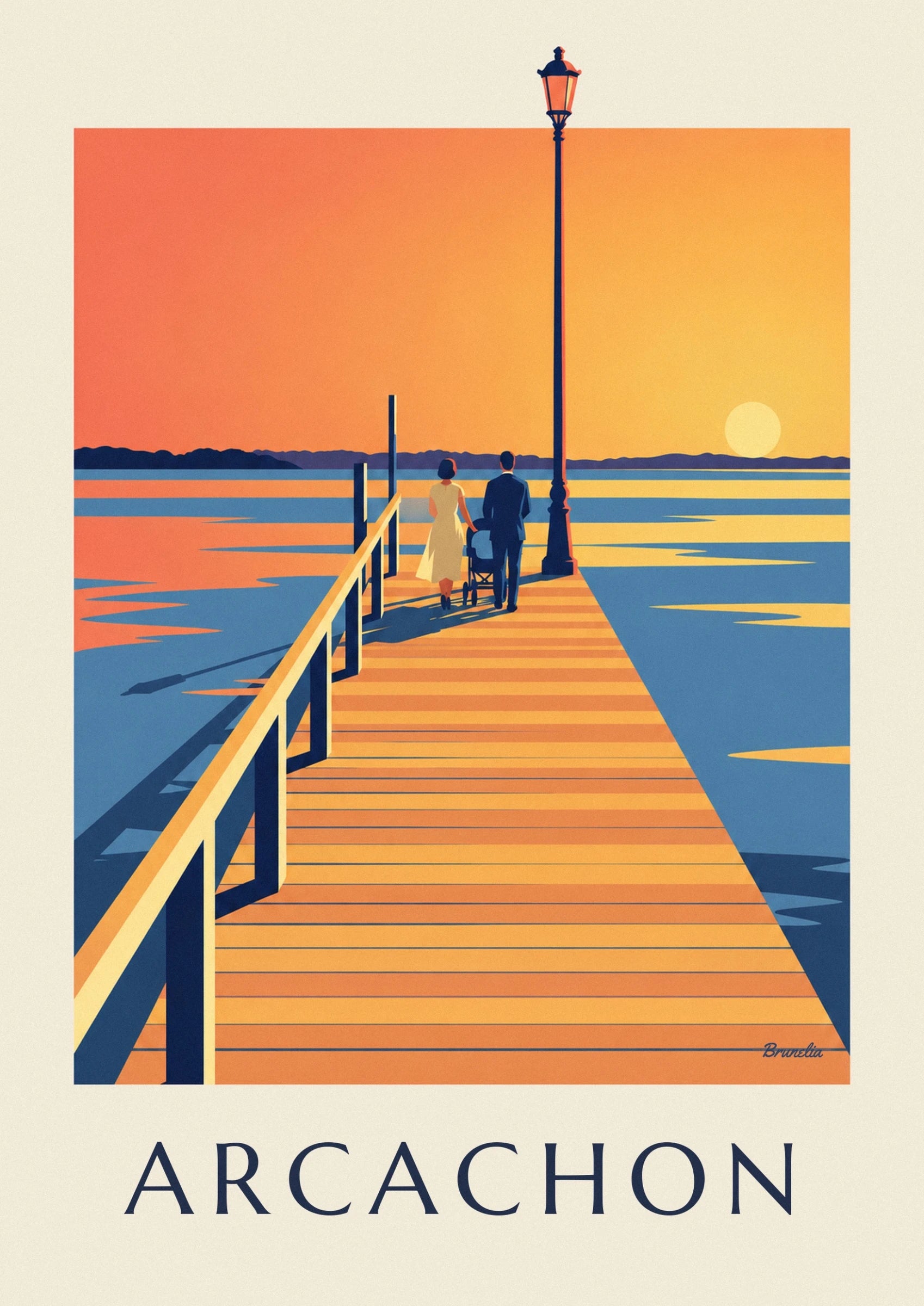 Le couple de dos et son landau, sur la jetée au coucher du soleil