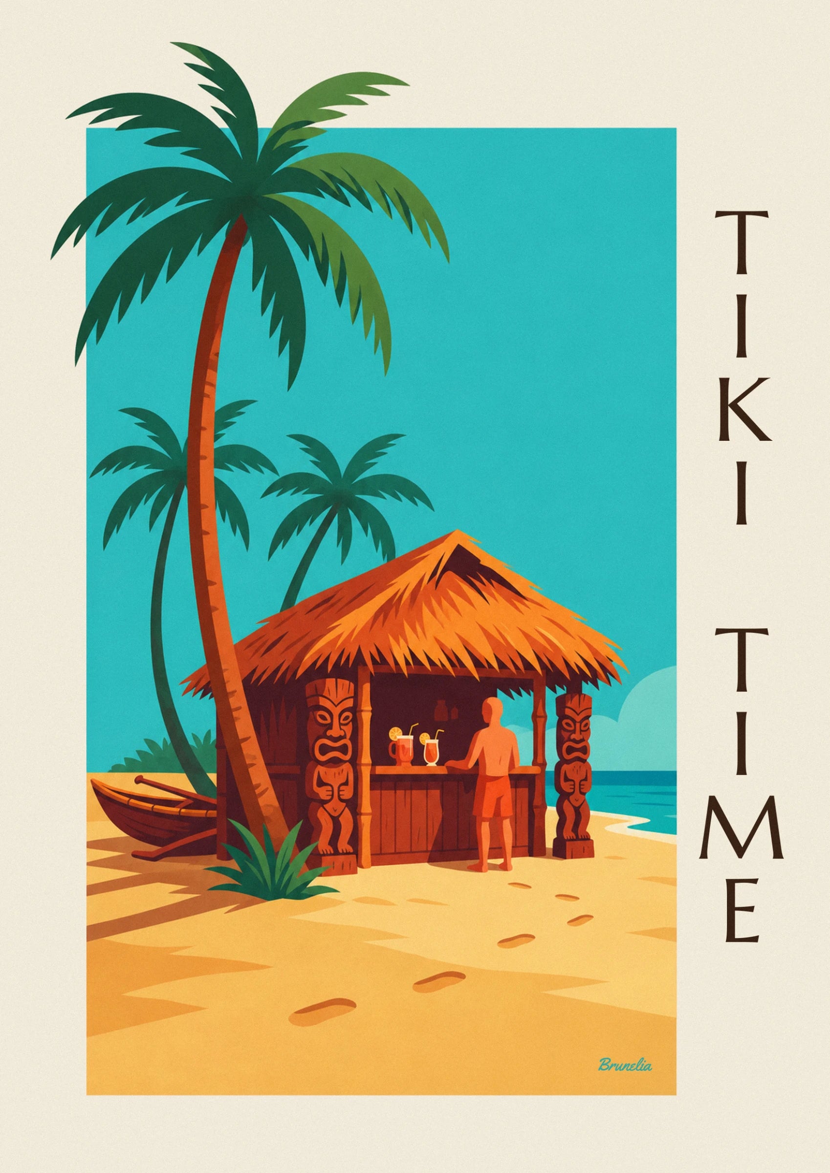 Affiche bar tiki tropical sur la plage et palmiers : détail en gros plan