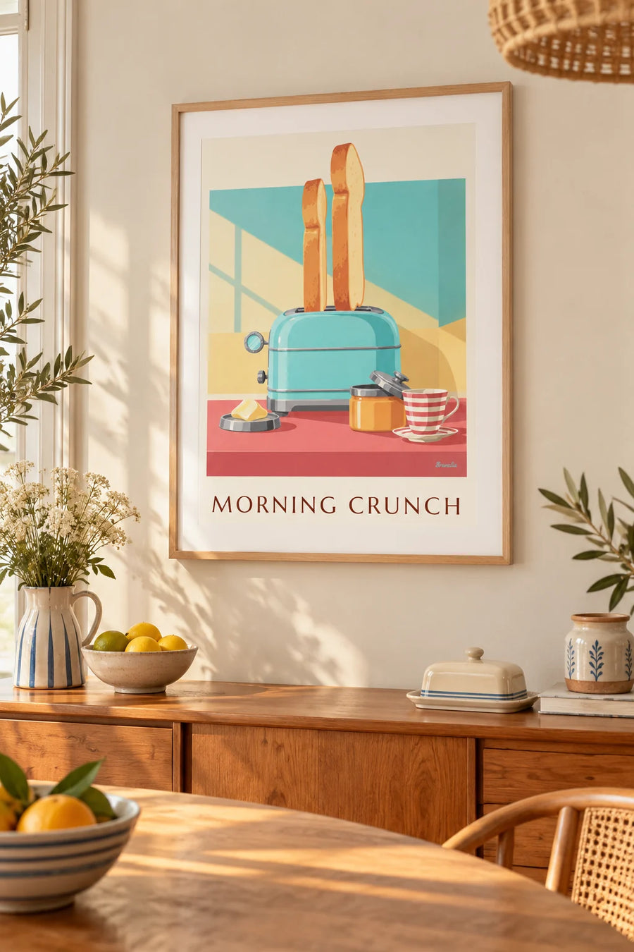 Poster türkisfarbener Toaster und goldene Toastscheiben zum Frühstück: gerahmt an der Wand
