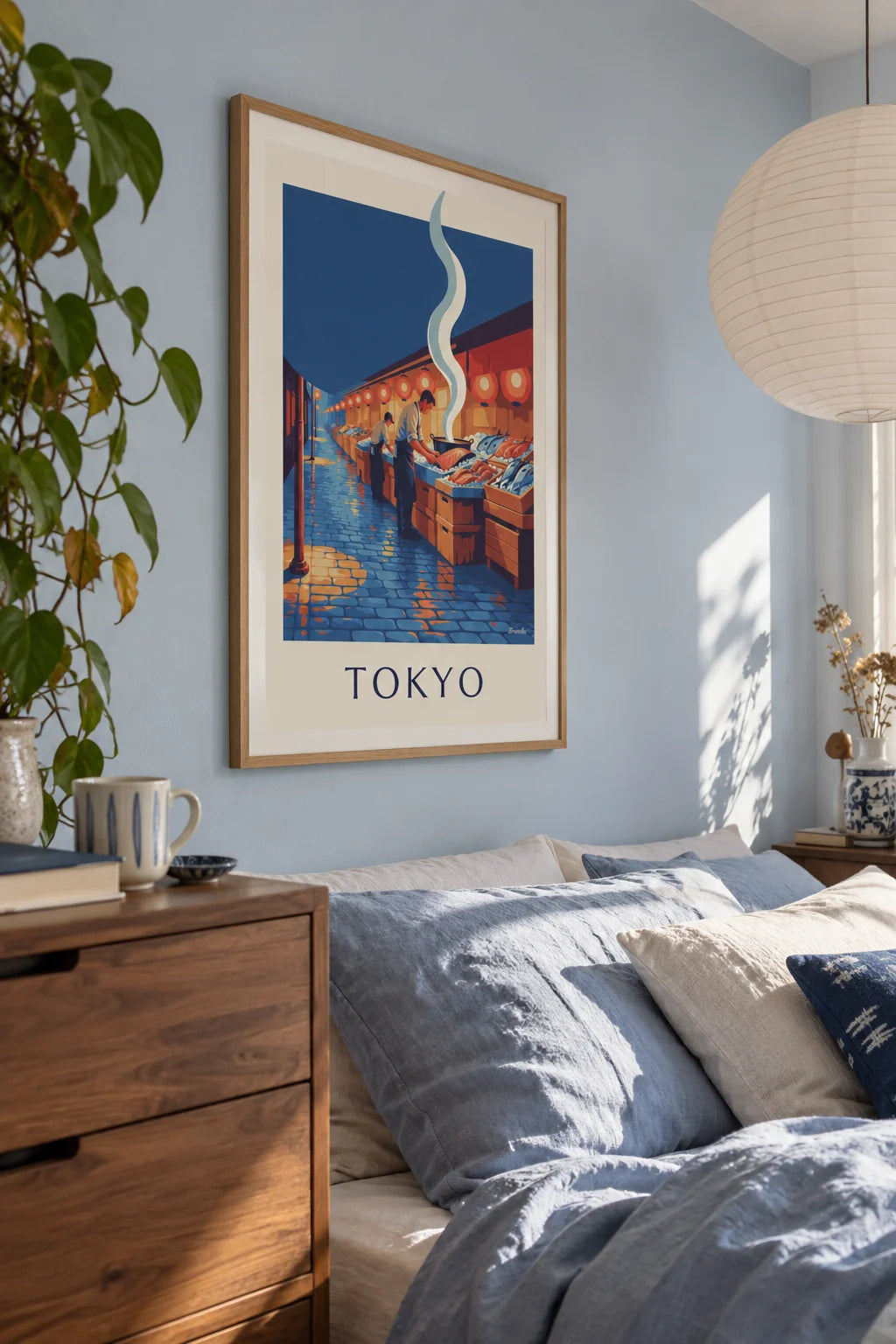 Tokyo fish market under lanterns poster on the wall
