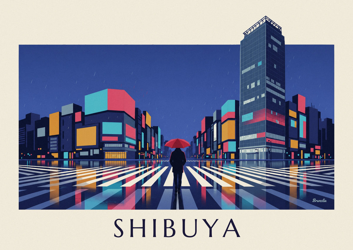 Poster Fußgängerüberweg in Shibuya bei Nacht im Regen