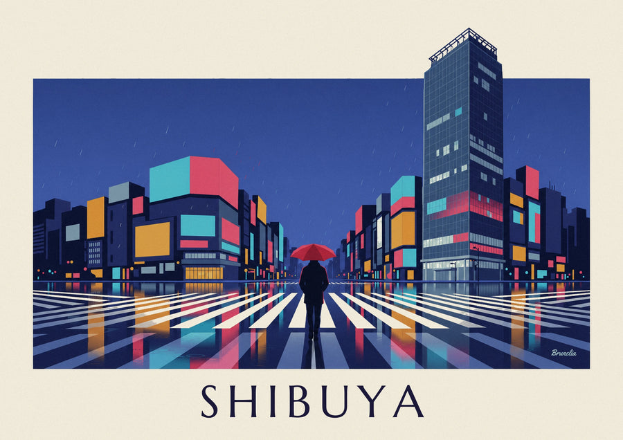Poster Fußgängerüberweg in Shibuya bei Nacht im Regen