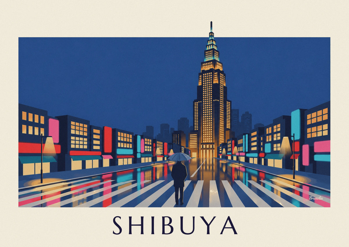 Rainy night Shibuya crossing poster