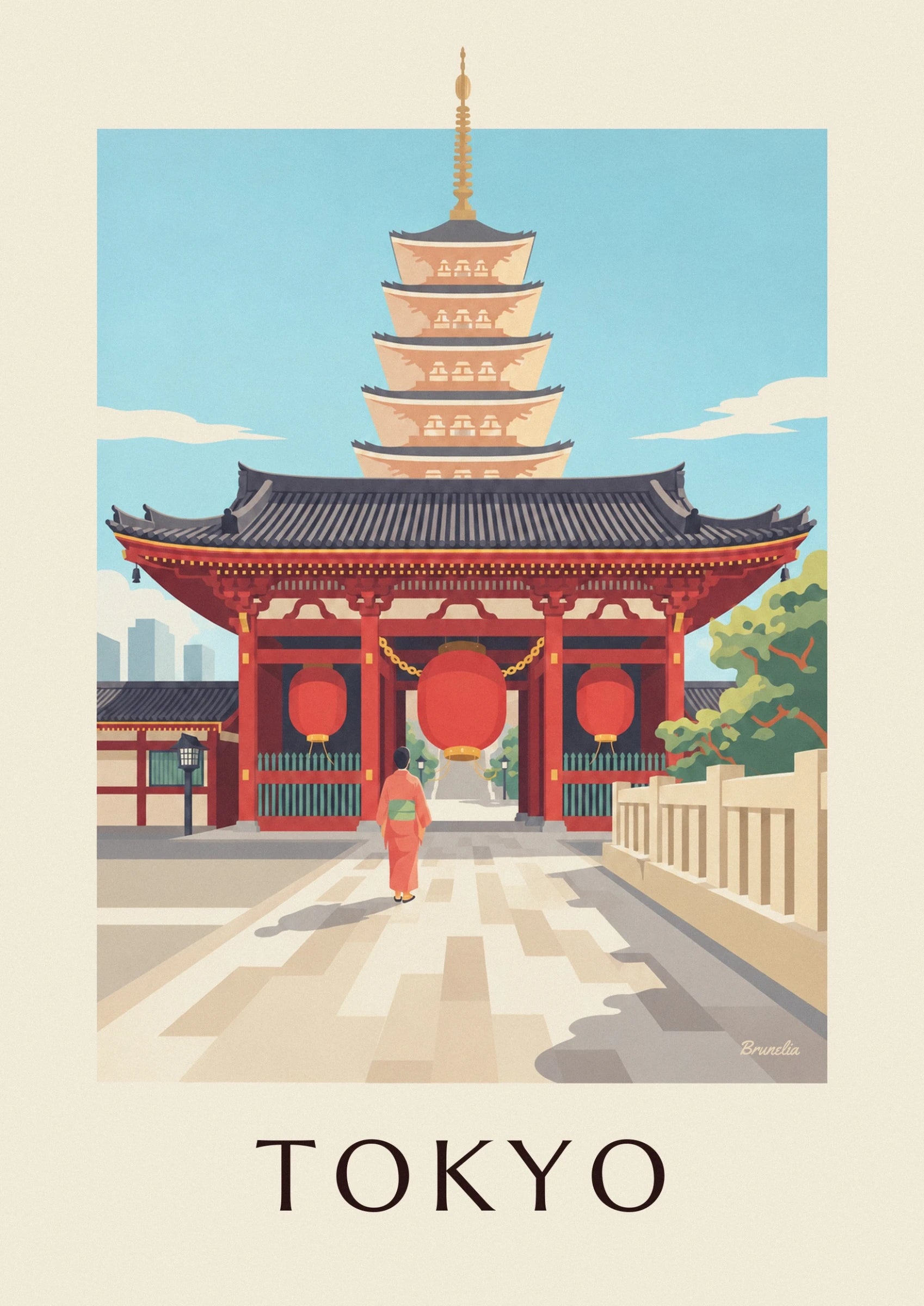 A woman in a coral kimono beneath the large red lantern of Senso-ji temple