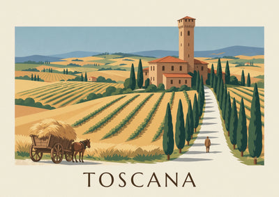 Affiche villa toscane, allée de cyprès et collines de blé : l'affiche entière