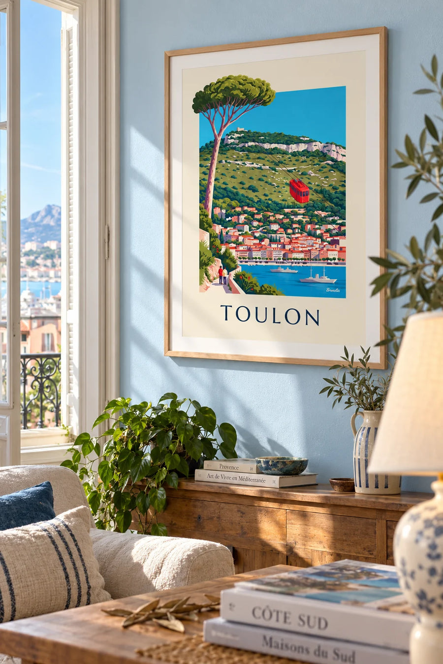 Poster mit der Seilbahn auf den Mont Faron über Toulon: gerahmt an der Wand